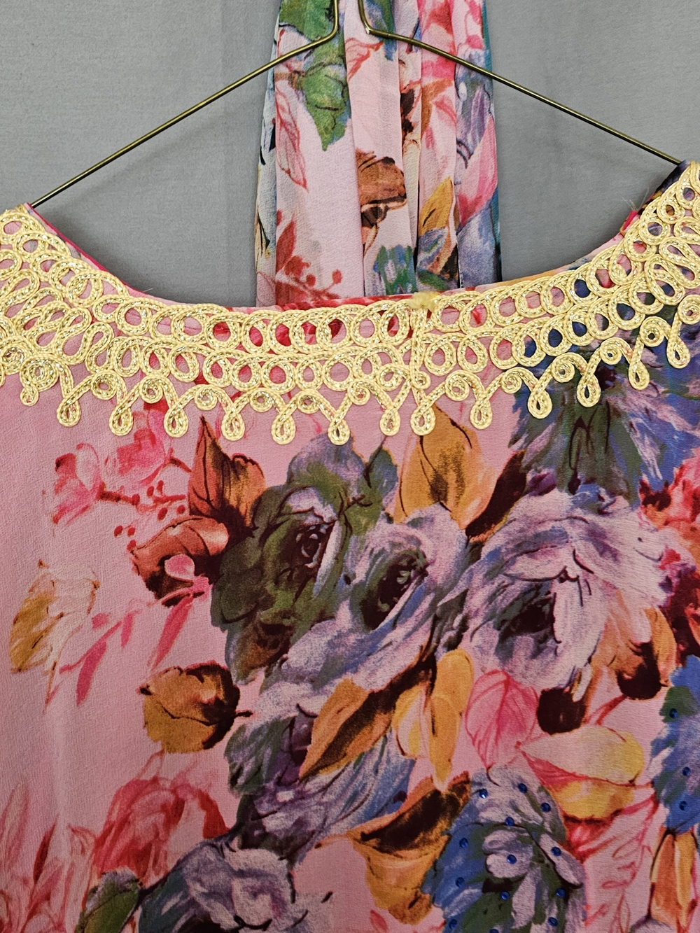 Silk Chiffon Pink Floral Maxi Caftan with Gold Crochet V-Neck - Picture 6 of 10